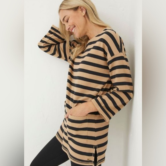 FAT‎ FACE Amari Tan Black Striped Tunic Pockets Pullover Crewneck Size 12 - Picture 11 of 14